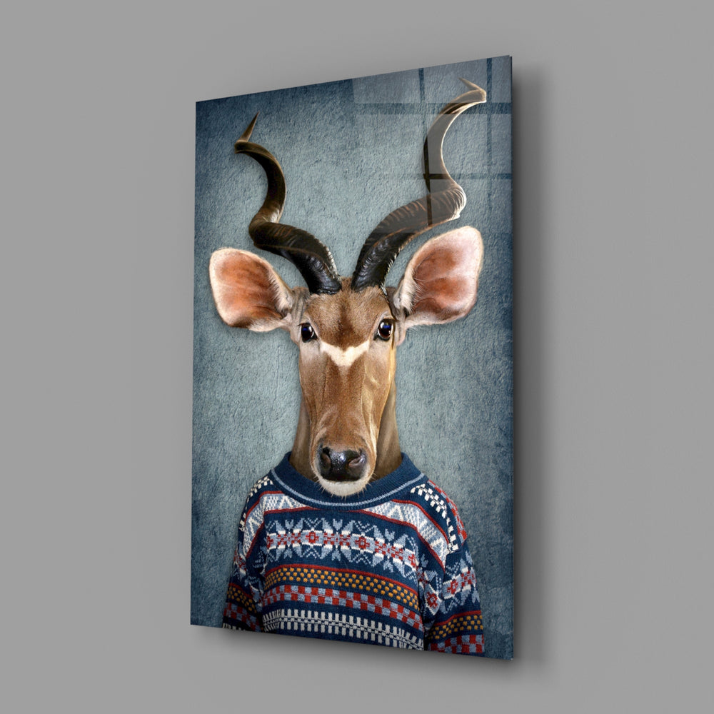 Antelope in Fair Isle sweater bringing winter-cabin wit to a contemporary living space