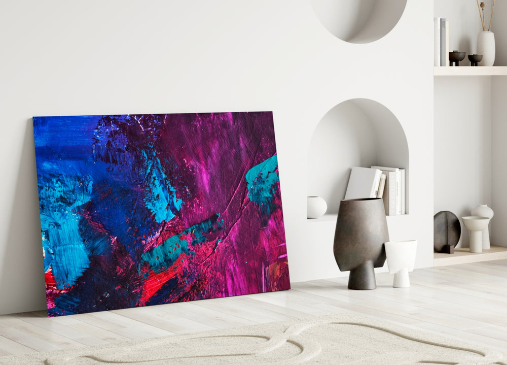 Close-up detail of magenta and cobalt impasto strokes on coarse canvas
