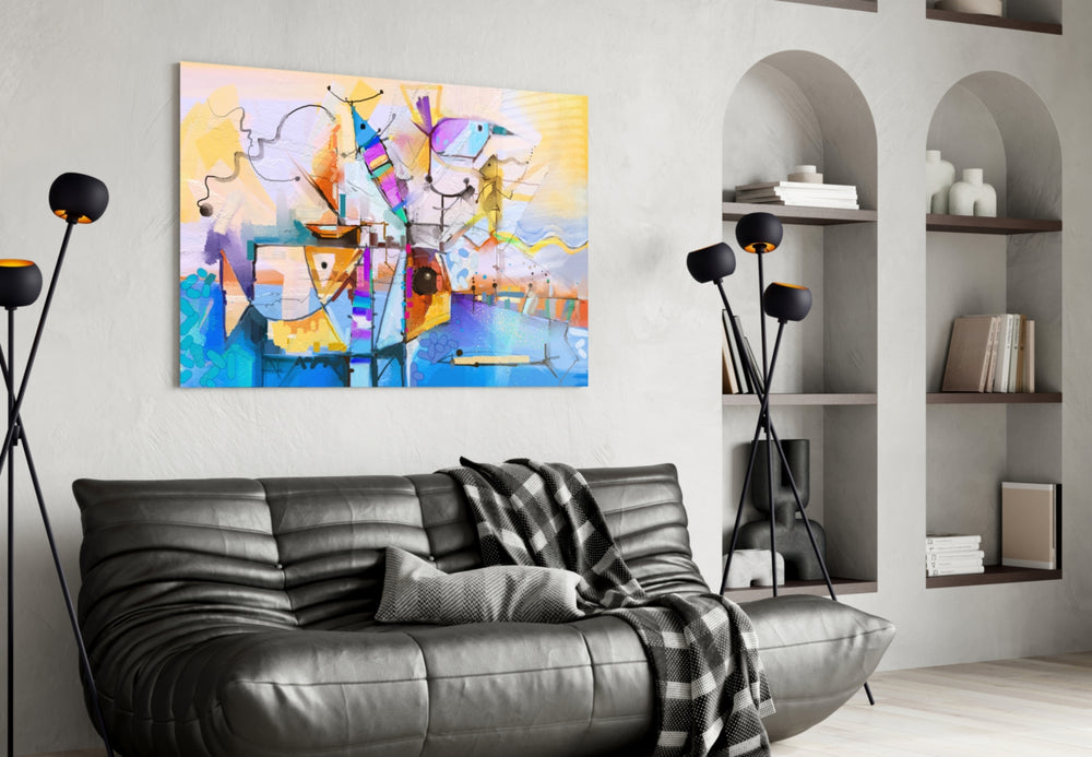 Abstract Colors glass wall art styled in a creative studio