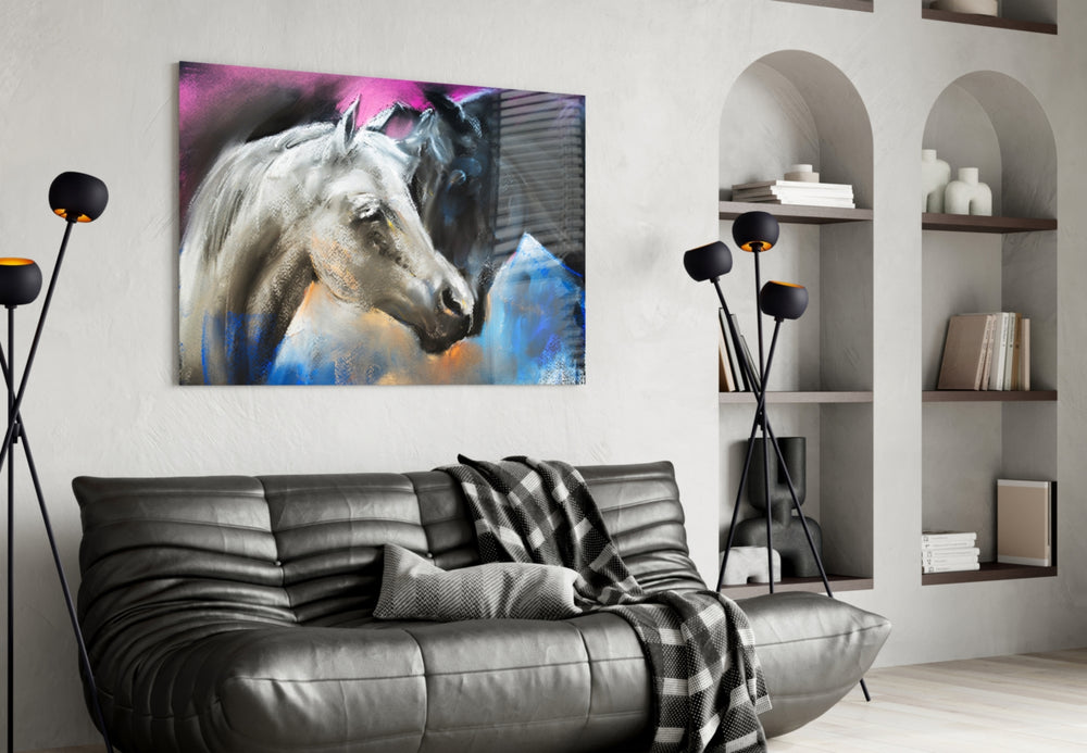 Horse glass wall art styled above a desk in a country-mood study