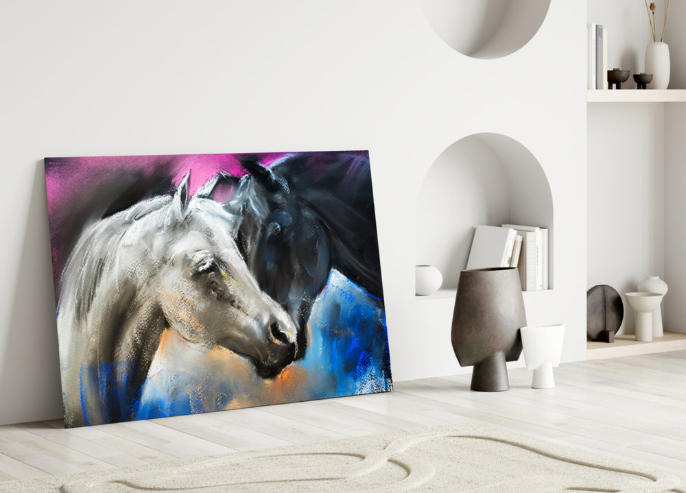Close-up detail of white and black horse heads meeting in pastel intimacy