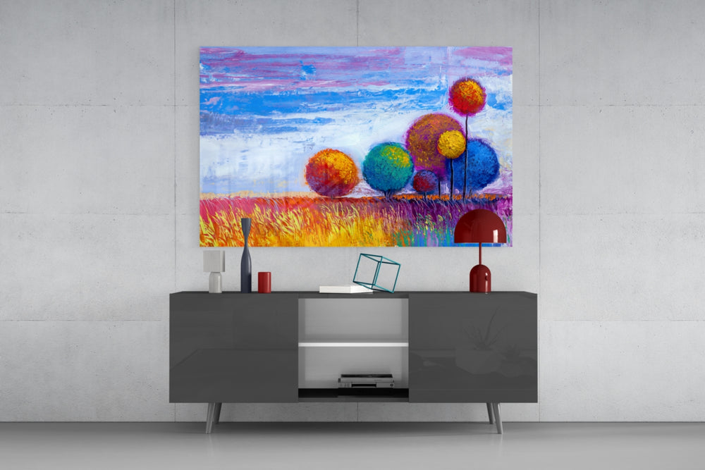 Colorful Trees panel catching daylight to reveal its impasto meadow