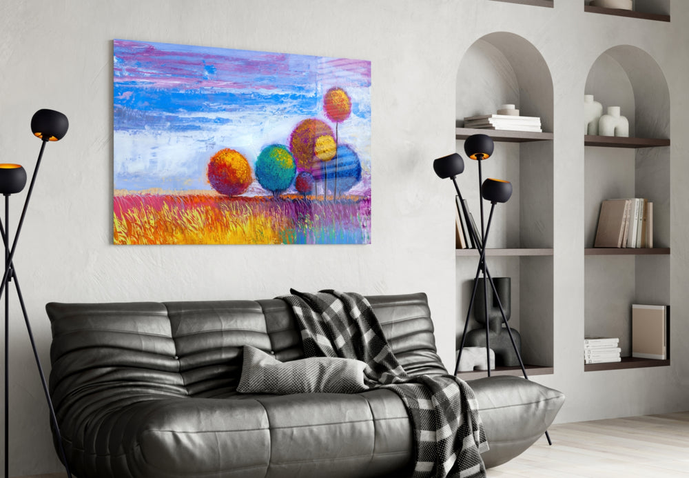 Colorful Trees glass wall art styled in a child's room