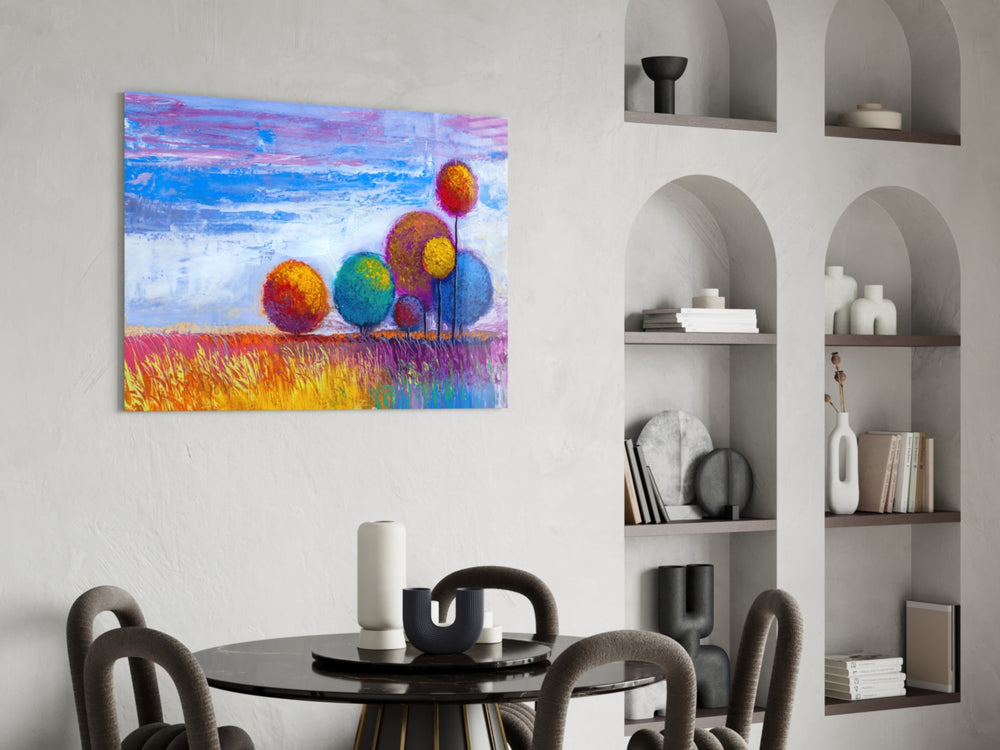 Colorful Trees panel adding painterly pulse to a sunroom