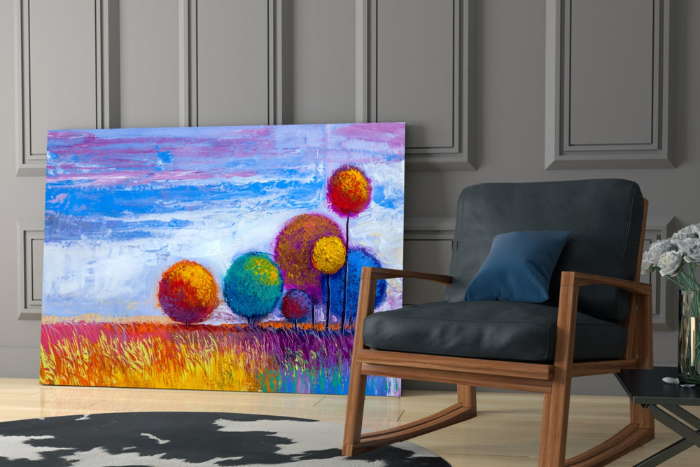 Colorful Trees glass print enhancing a hallway with cheerful warmth