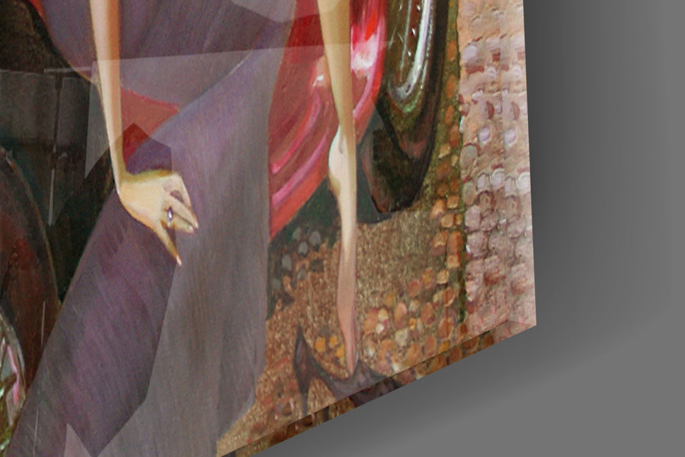 Car artwork anchoring an art-deco-themed wall in warm palette
