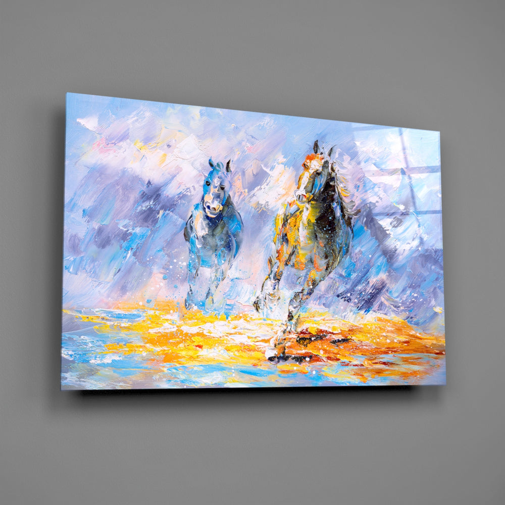 Palette-knife horse panel bringing kinetic warmth to a contemporary living space