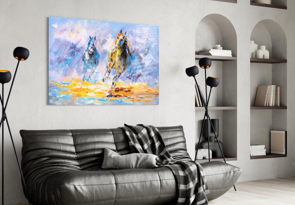 Horse glass wall art styled above a desk in a country-mood study