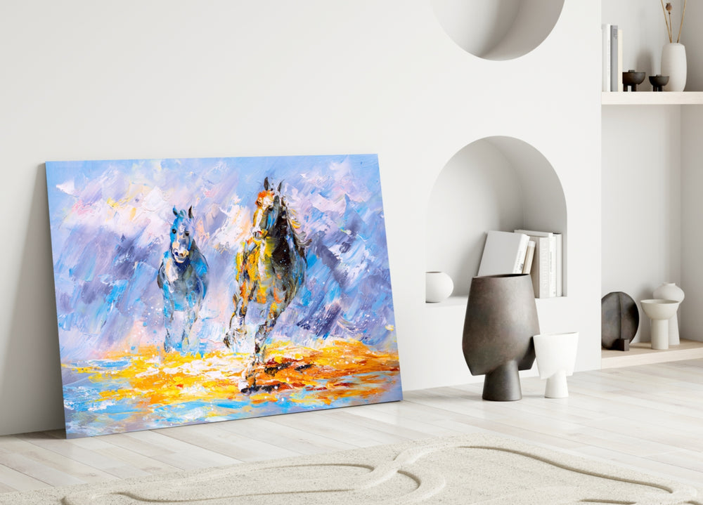 Close-up detail of two horses galloping through cobalt-and-amber paint