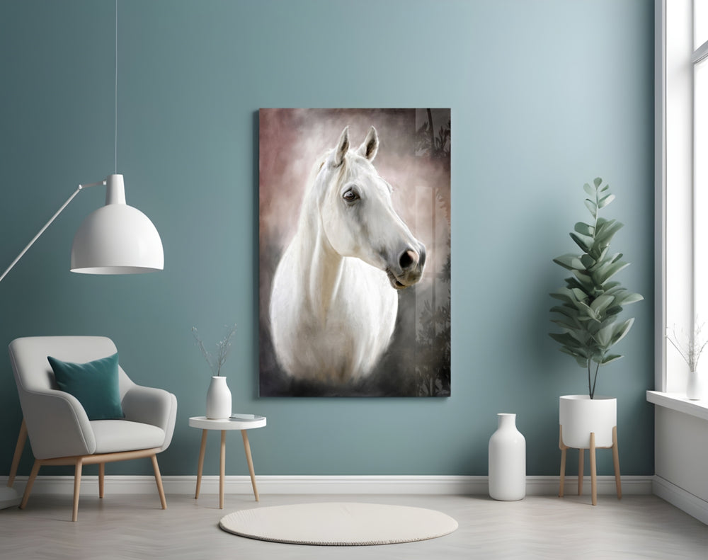 Horse glass wall art styled above a sofa in an equestrian living room