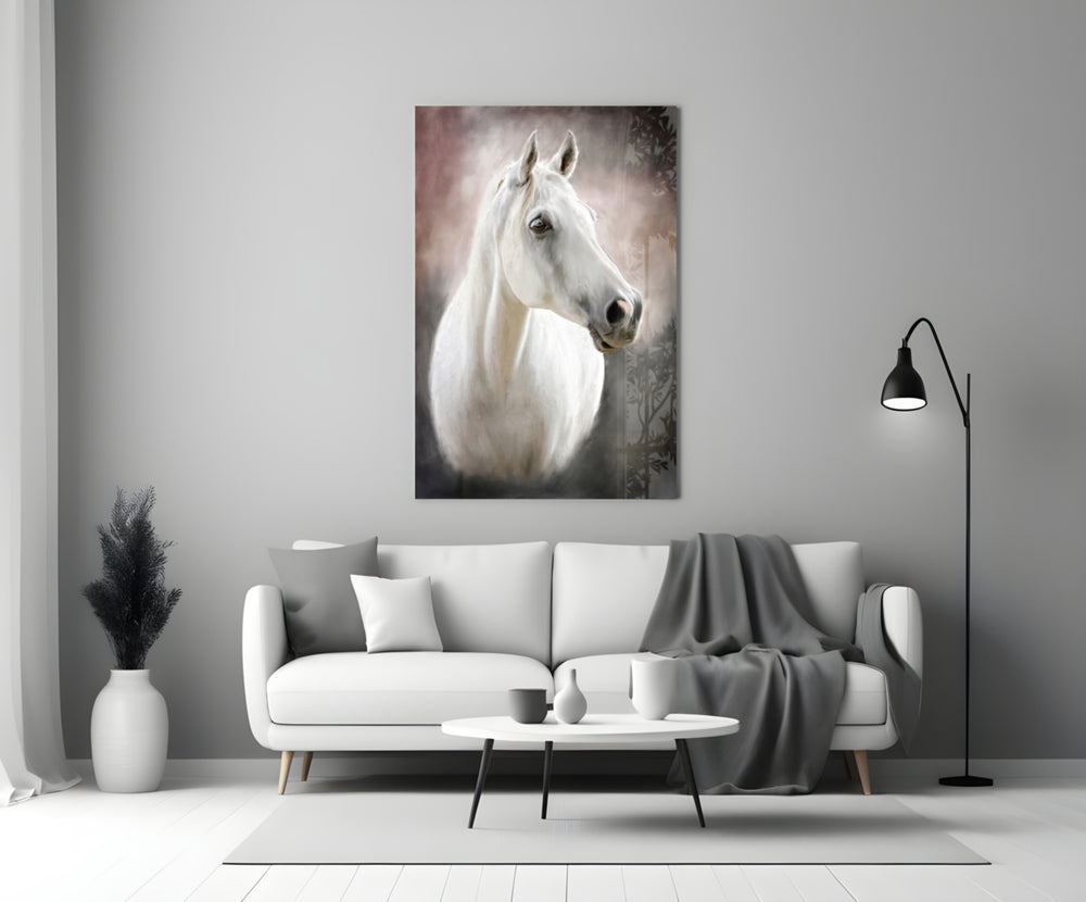 Close-up detail of the white horse's composed gaze