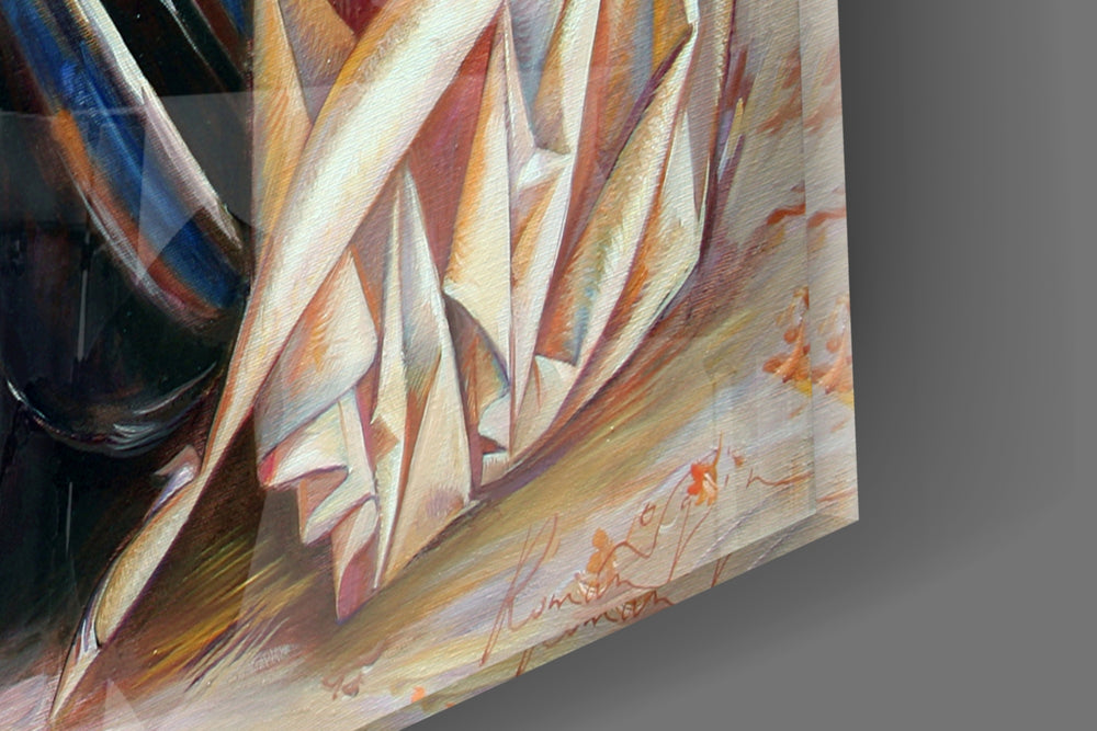 Car artwork anchoring an art-deco-themed wall in warm palette