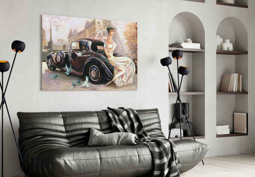 Car glass wall art styled in a lounge with collector taste