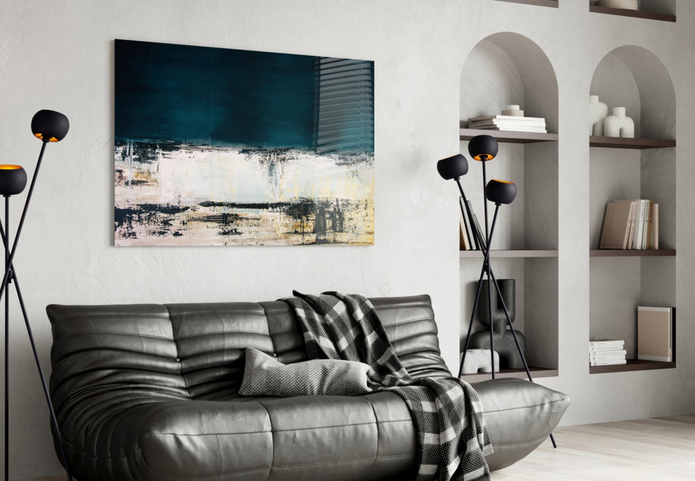 Abstract Colors glass wall art styled above a desk in a reflective study