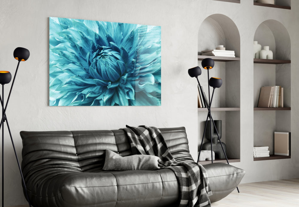 Micro Flower glass wall art styled above a bed in a serene bedroom