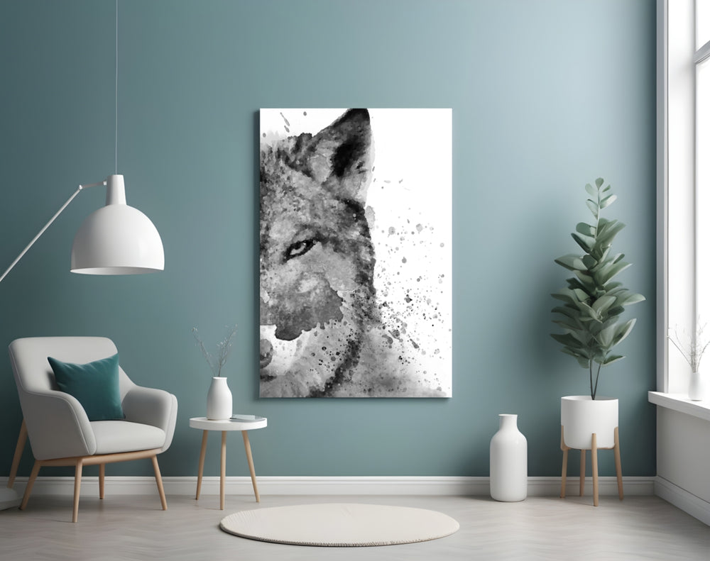 Wolf glass wall art styled above a bed in a serene bedroom