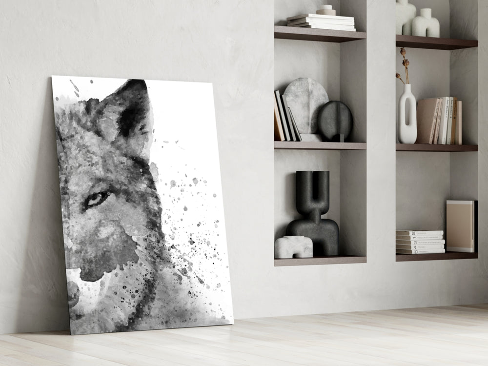 Wolf glass print enhancing a hallway with steady gaze