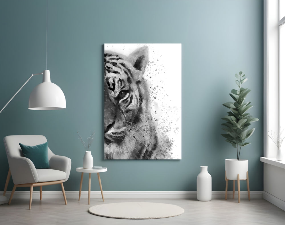 Tiger glass wall art styled above a bed in a serene bedroom
