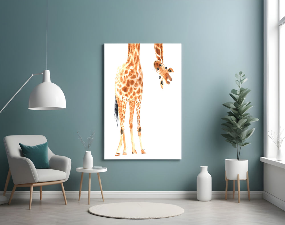 Giraffe glass wall art styled in a child's safari-theme room
