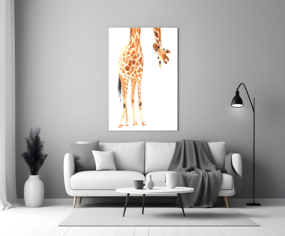 Close-up detail of the upside-down giraffe head greeting