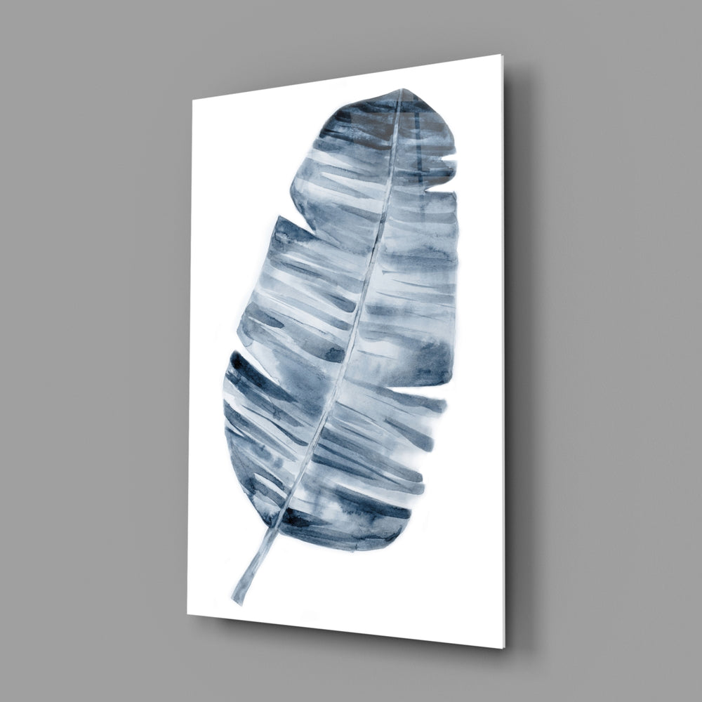 Indigo banana leaf panel bringing cool botanical calm to a contemporary living space