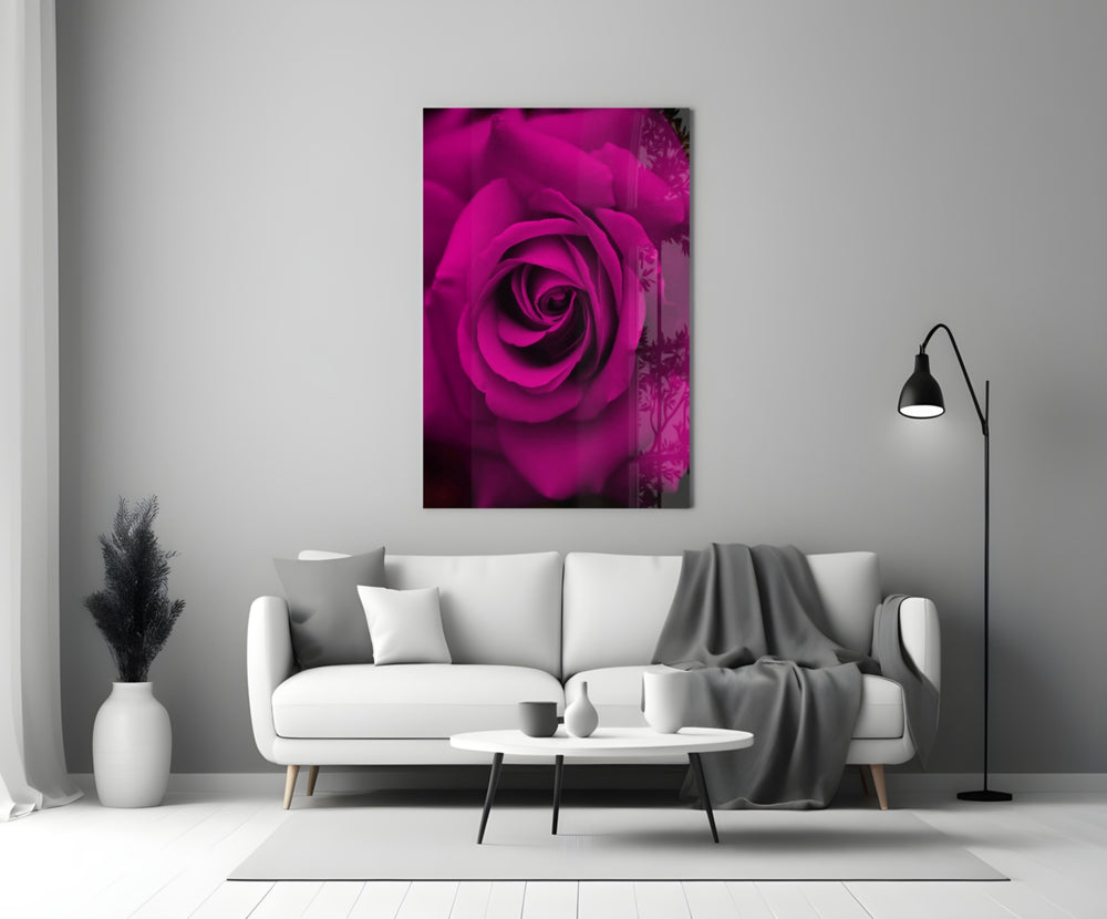 Close-up detail of the velvet magenta petals at the rose center