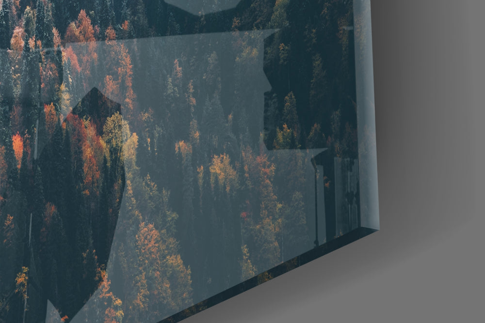 Forest artwork anchoring a biophilic-themed wall in moody palette