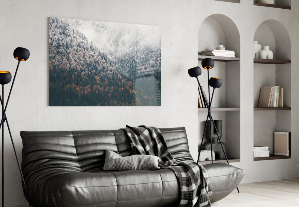 Forest glass wall art styled above a desk in a retreat-mood study