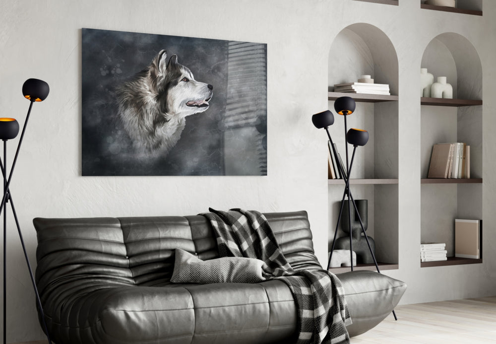 Wolf glass wall art styled above a desk in a reflective study
