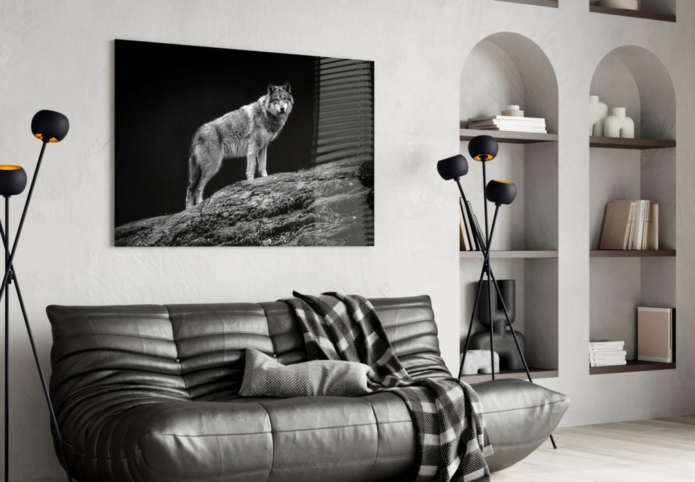 Wolf glass wall art styled above a desk in an explorer-presence study