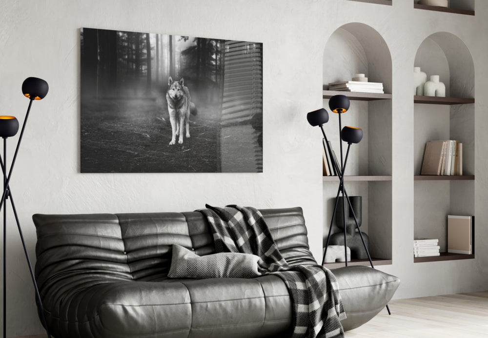 Wolf glass wall art styled above a desk in an explorer-presence study