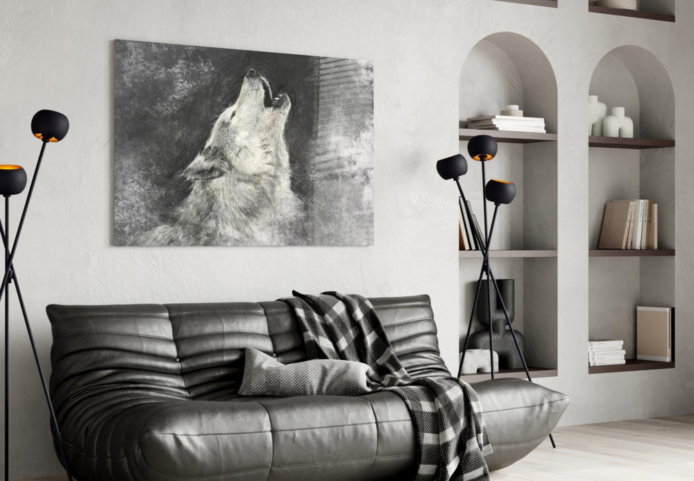 Wolf glass wall art styled above a desk in a reflective study