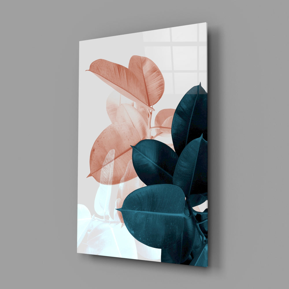 Coral-and-teal rubber plant panel bringing botanical calm to a contemporary living space