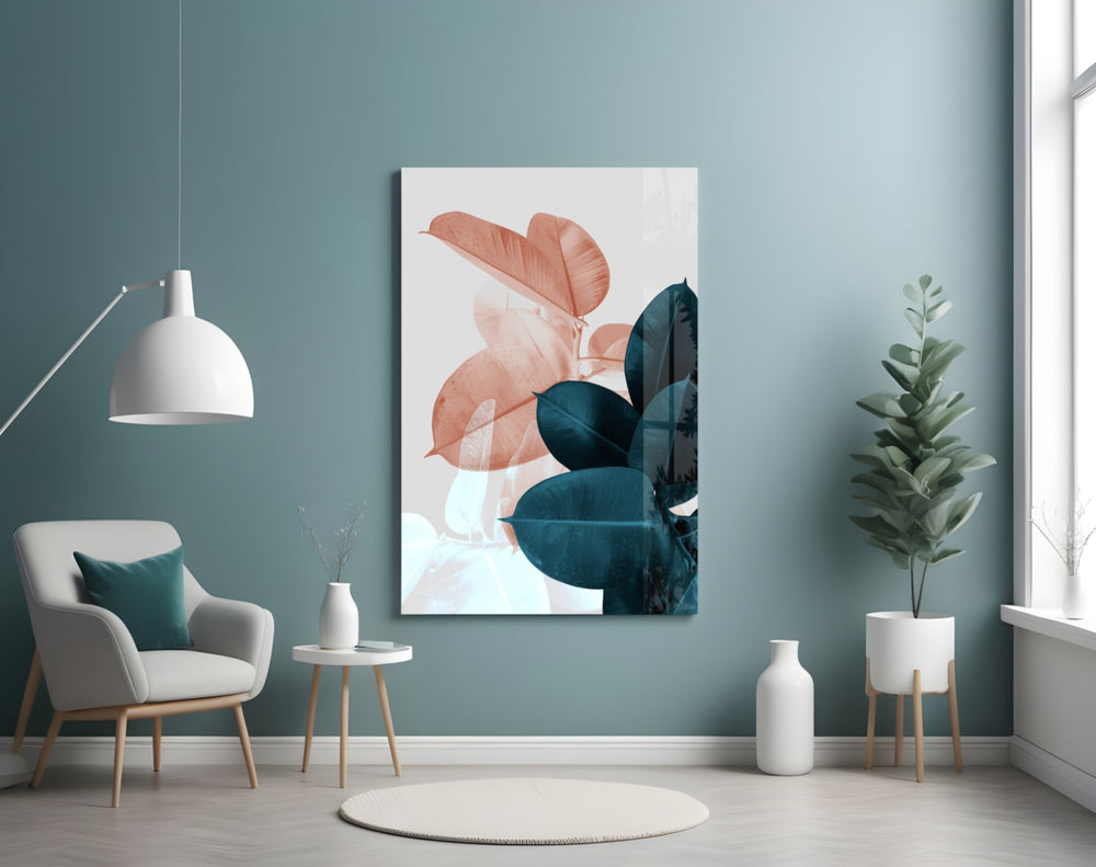 Leaves glass wall art styled above a bed in a Scandinavian-mood bedroom