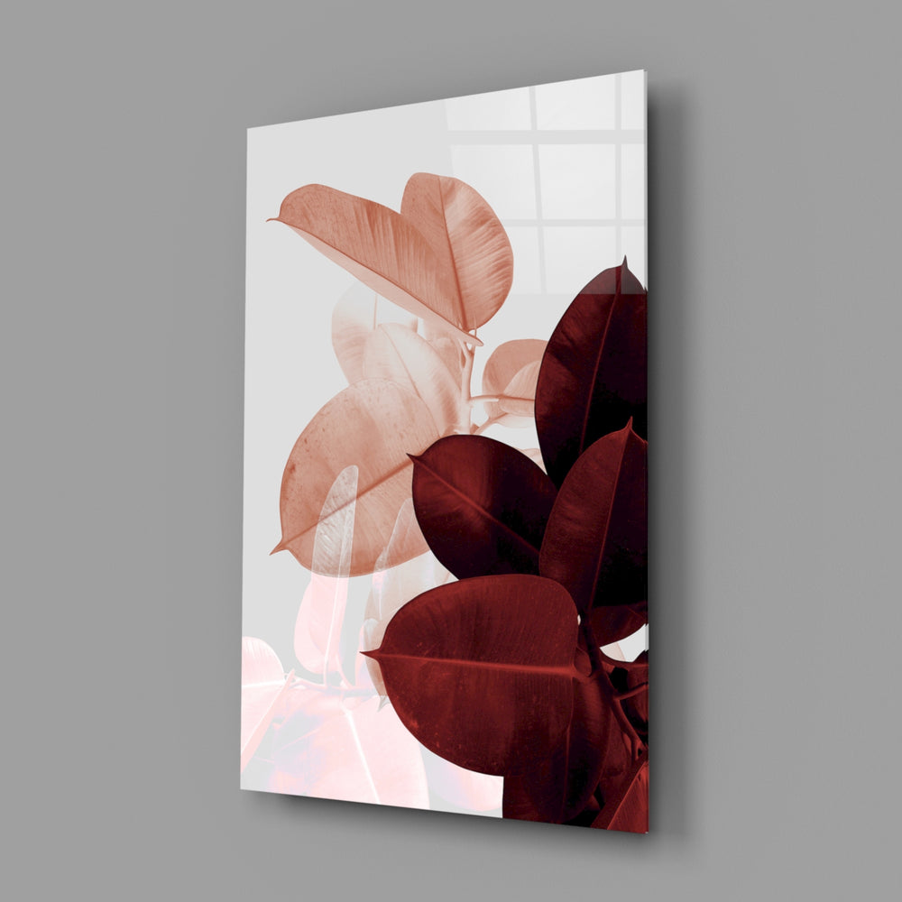 Coral-and-burgundy rubber plant panel bringing autumn warmth to a contemporary living space