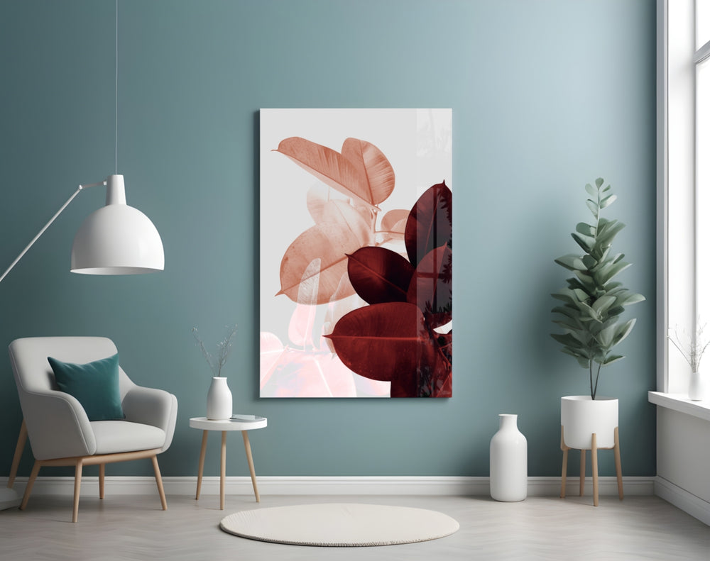Leaves glass wall art styled above a bed in an autumn-mood bedroom