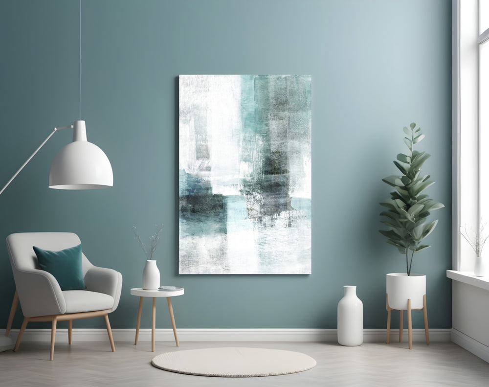 Abstract glass wall art styled above a bed in a calming-palette bedroom