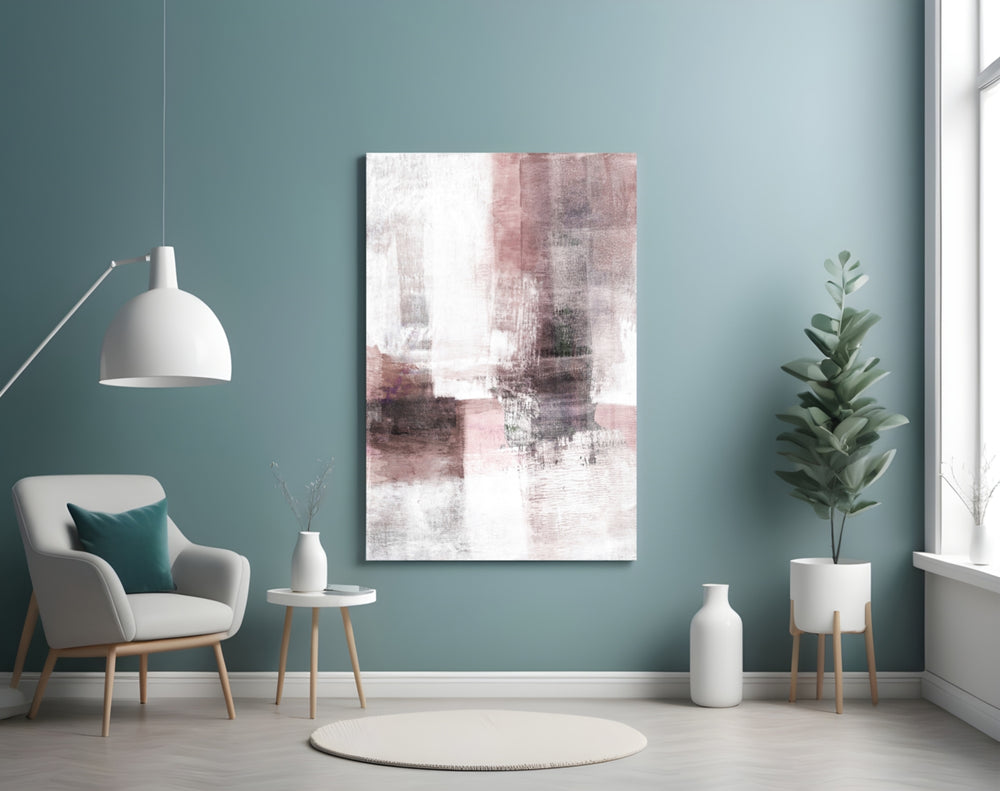 Abstract glass wall art styled above a bed in a rose-neutral bedroom