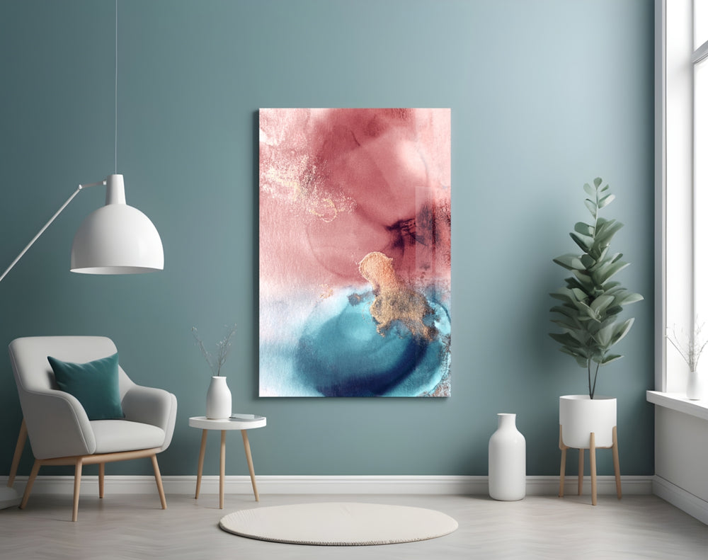 Abstract glass wall art styled above a bed in an after-dark bedroom