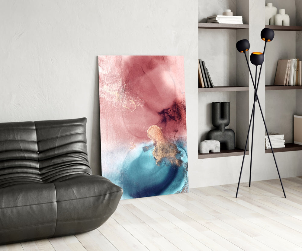 Abstract panel adding rose-gold mood to a dressing area