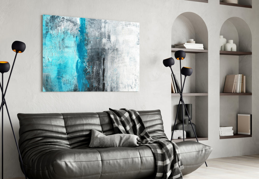 Abstract glass wall art styled in a creative studio