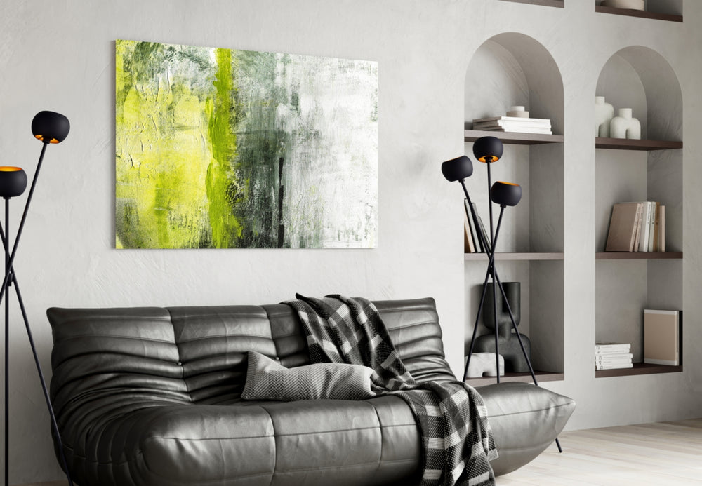 Abstract glass wall art styled in a creative studio