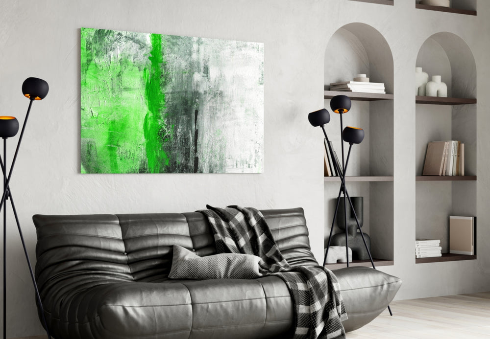 Abstract glass wall art styled in a creative studio
