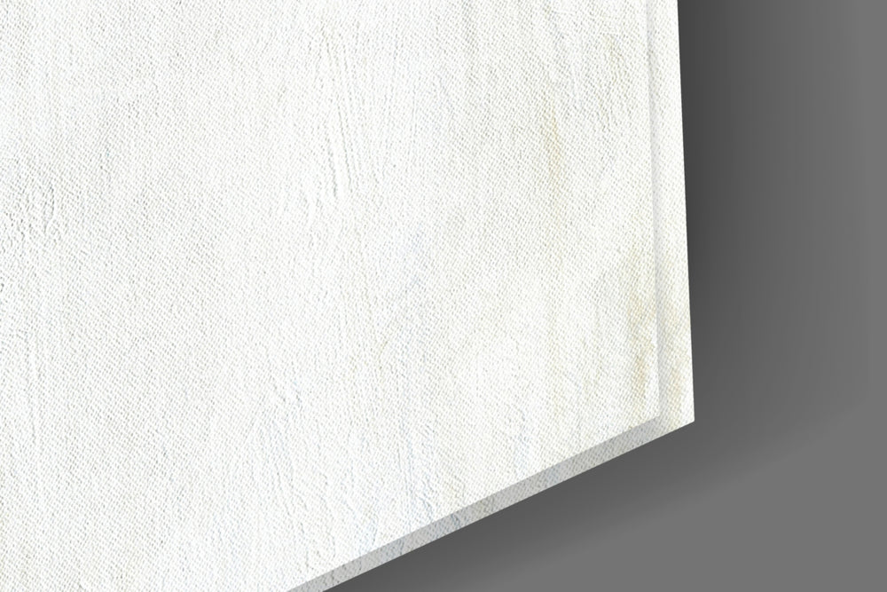 Abstract artwork anchoring a hallway with structural palette