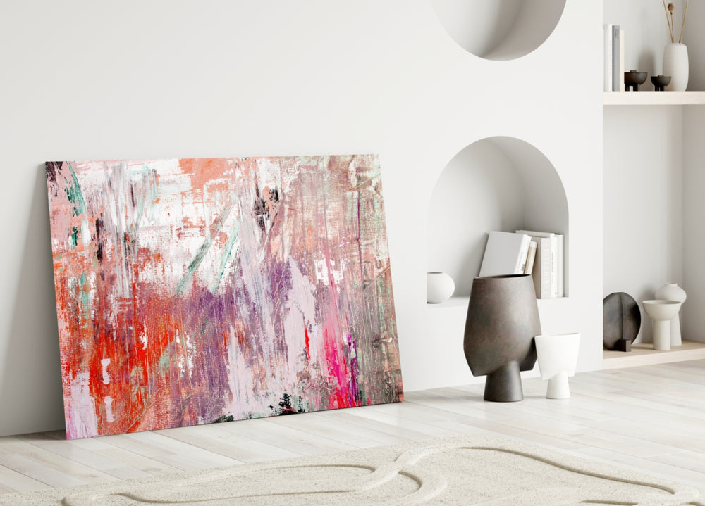 Close-up detail of coral and lavender gestural strokes on coarse canvas