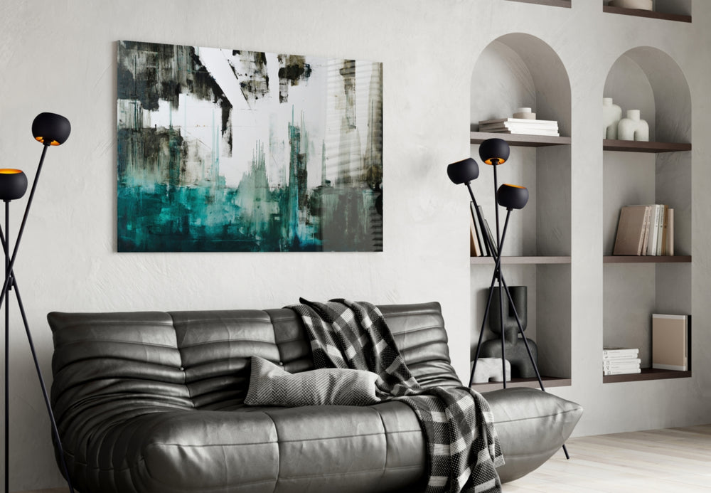 Abstract glass wall art styled in a creative studio