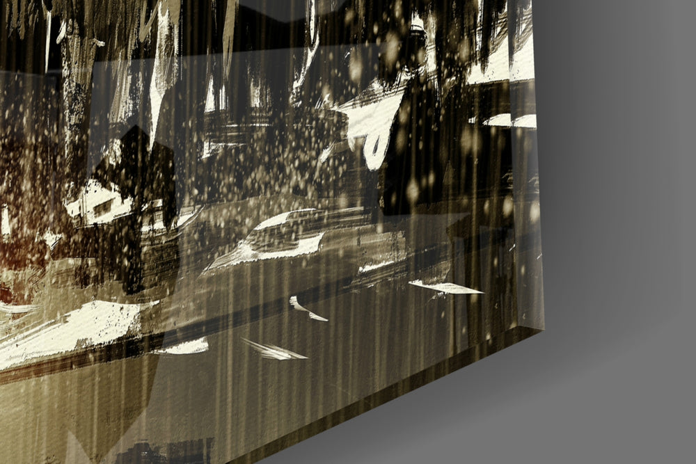 Rainy City artwork anchoring a noir-themed wall in moody palette