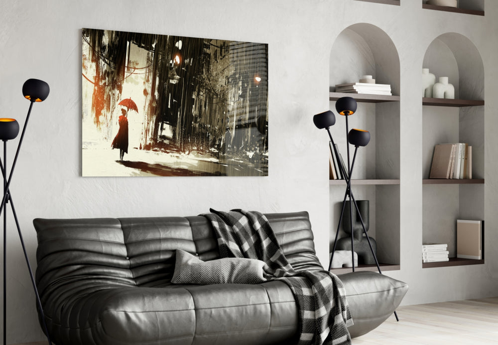 Rainy City glass wall art styled above a desk in a reflective study
