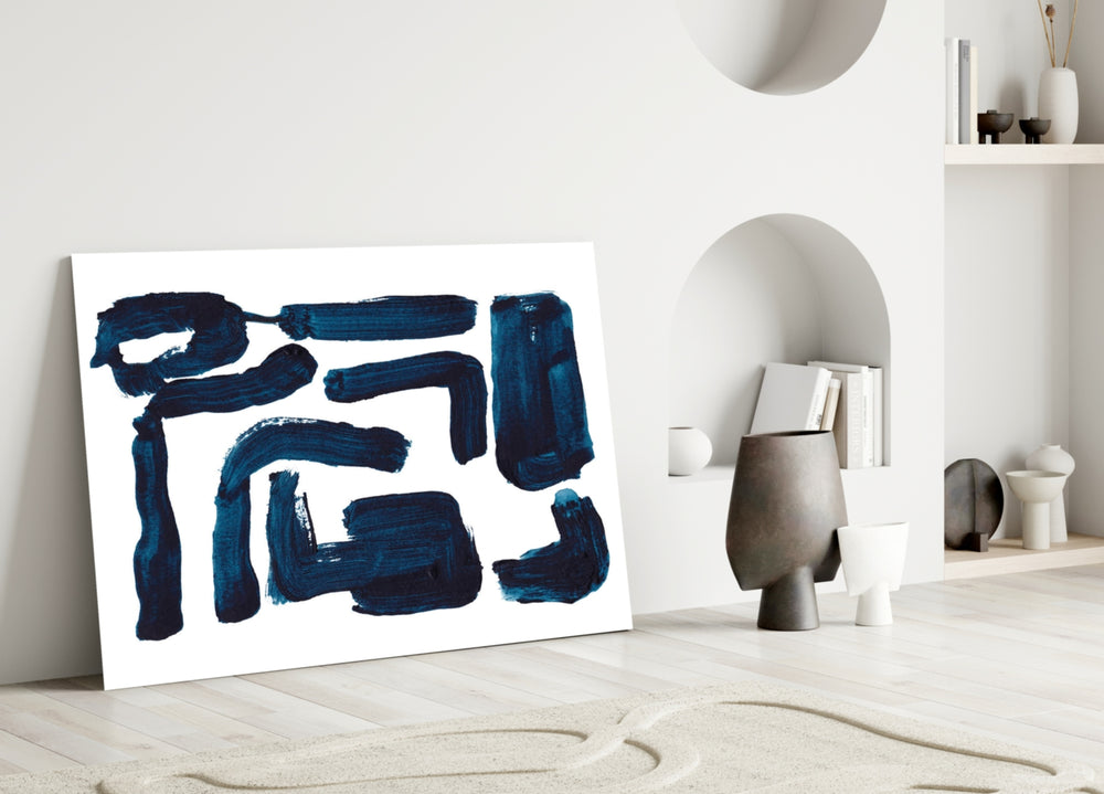 Close-up detail of navy calligraphic brushstrokes on white field