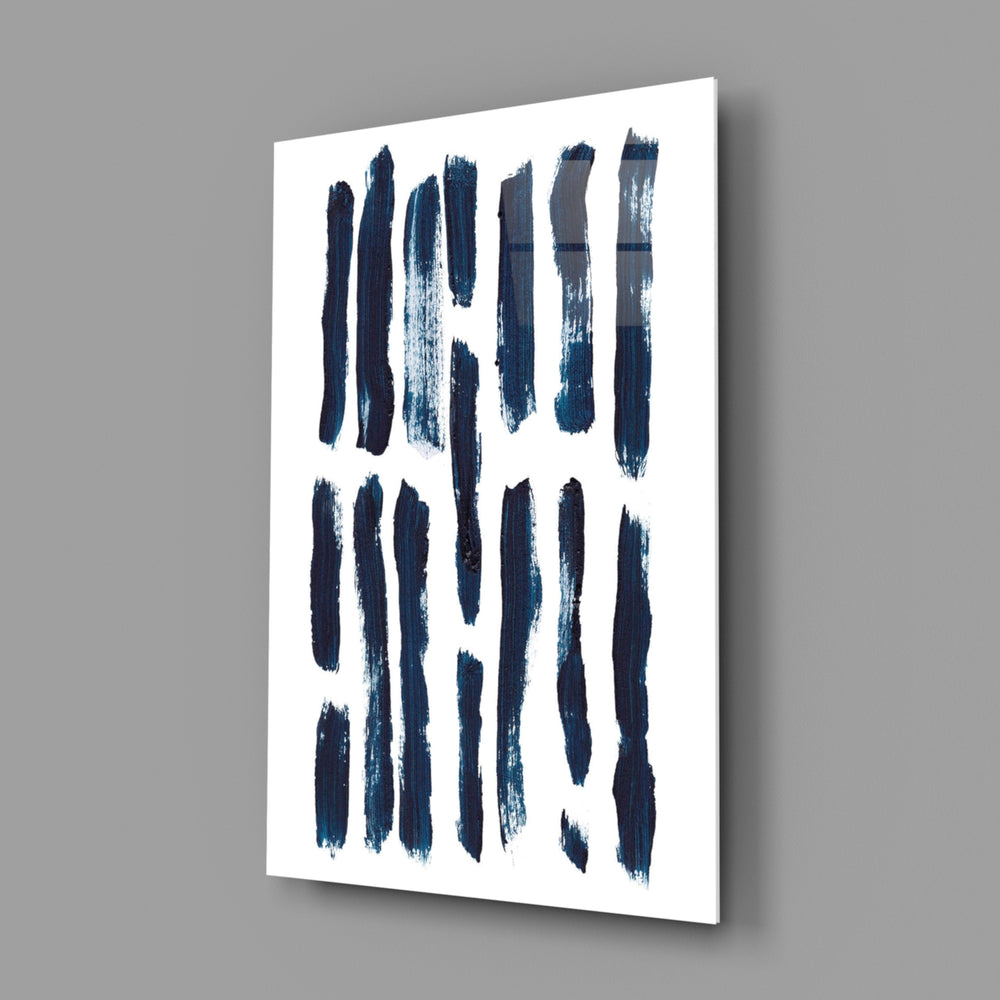Navy tally-stripe panel bringing reflective calm to a contemporary living space
